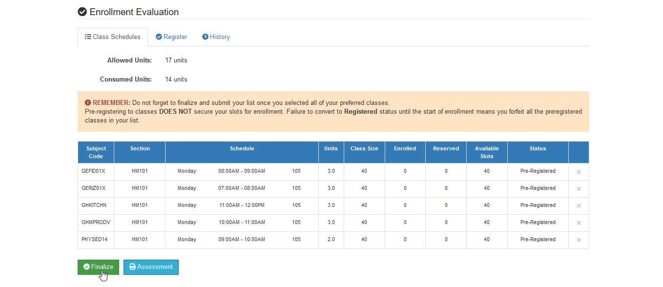 finalize registration per section option