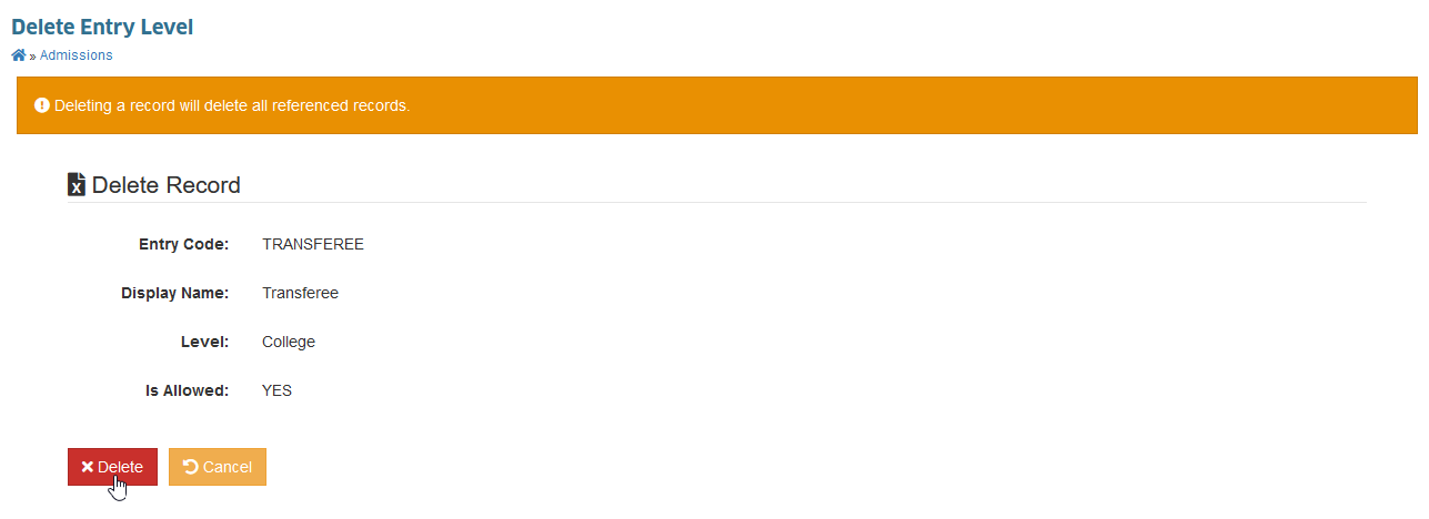 confirm delete entry levels