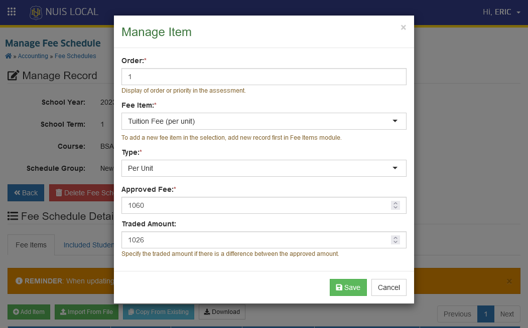 edit Fee Items