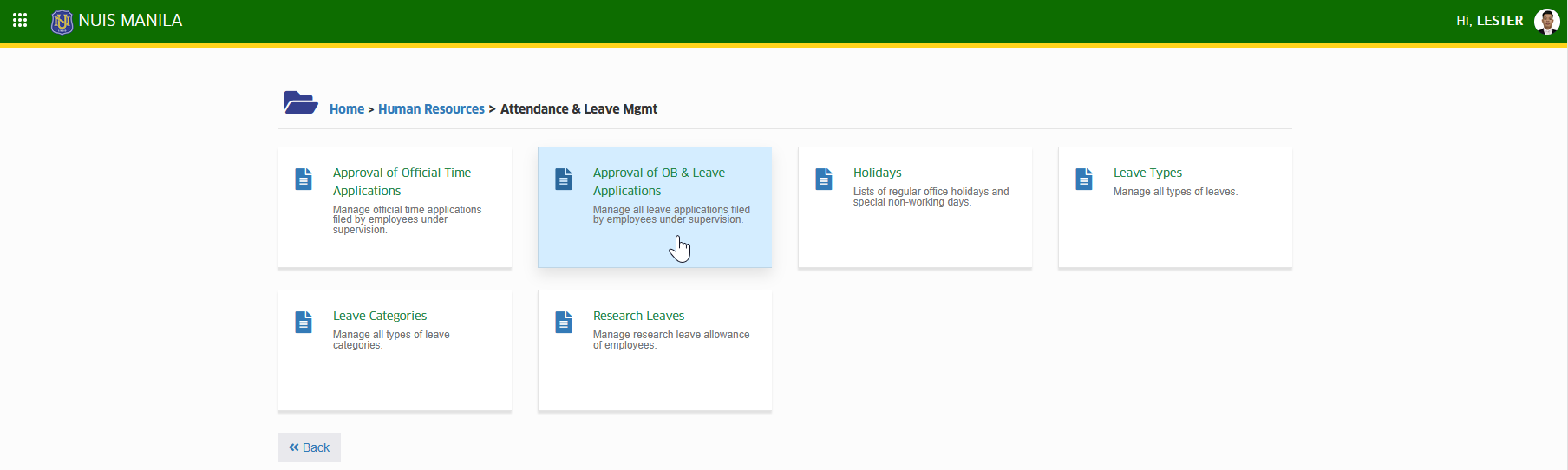 approval of ob & leave application module tab