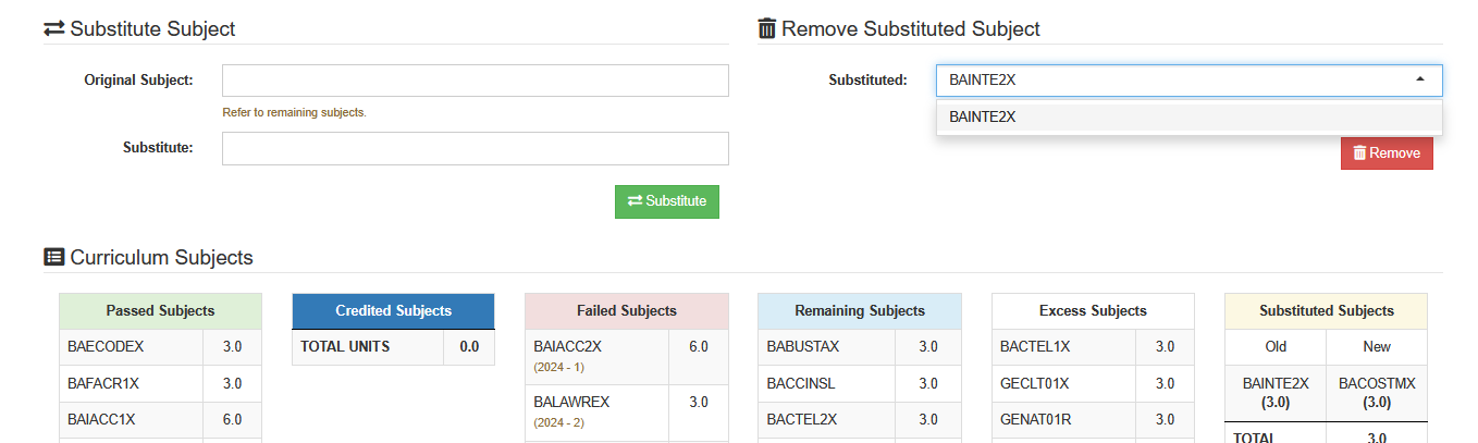 select subject to remove