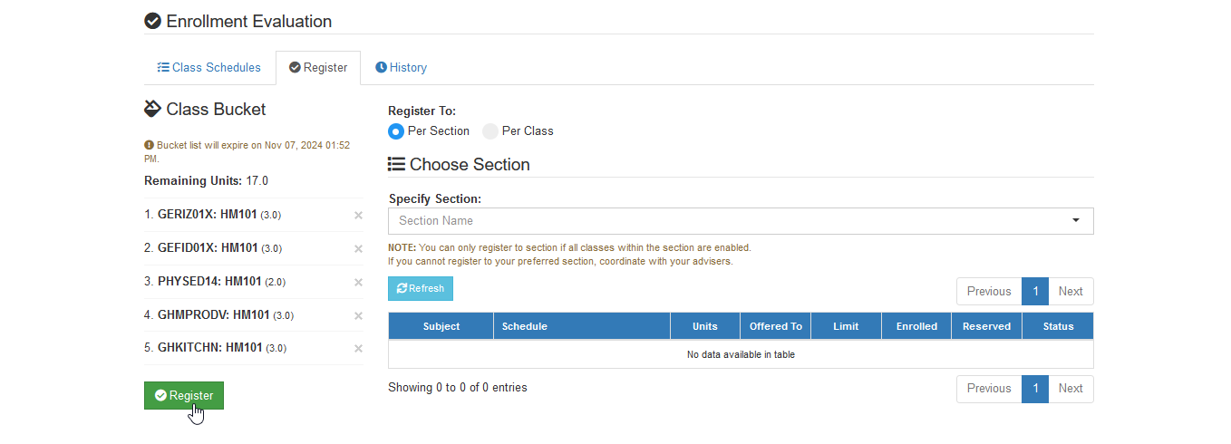 register to section