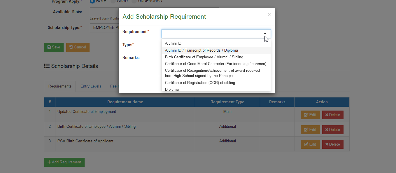 add scholarship requirement form