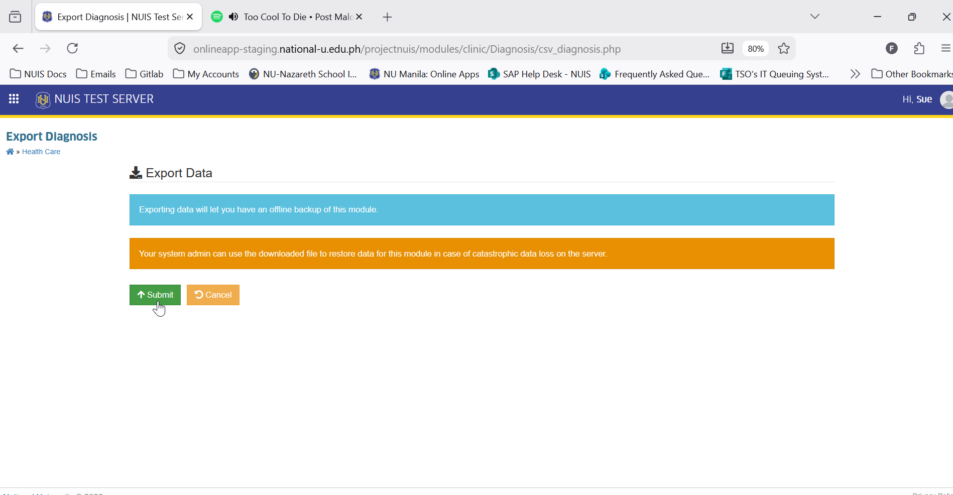 submit export diagnosis button