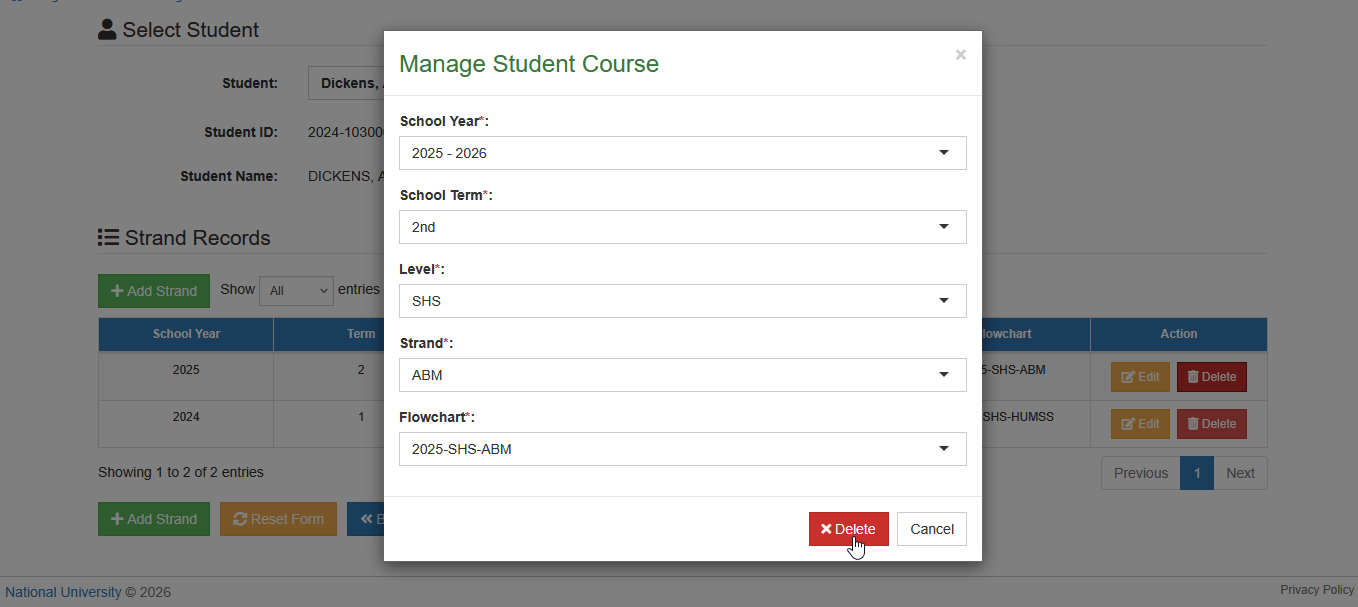 confirm delete strand button