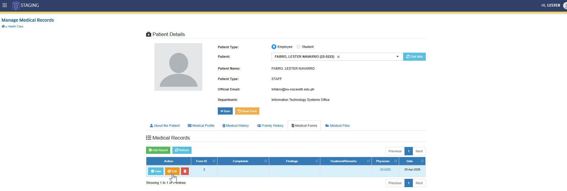 edit medical record button