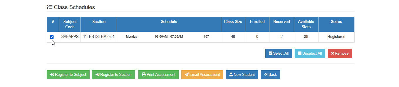 checkbox of subjects