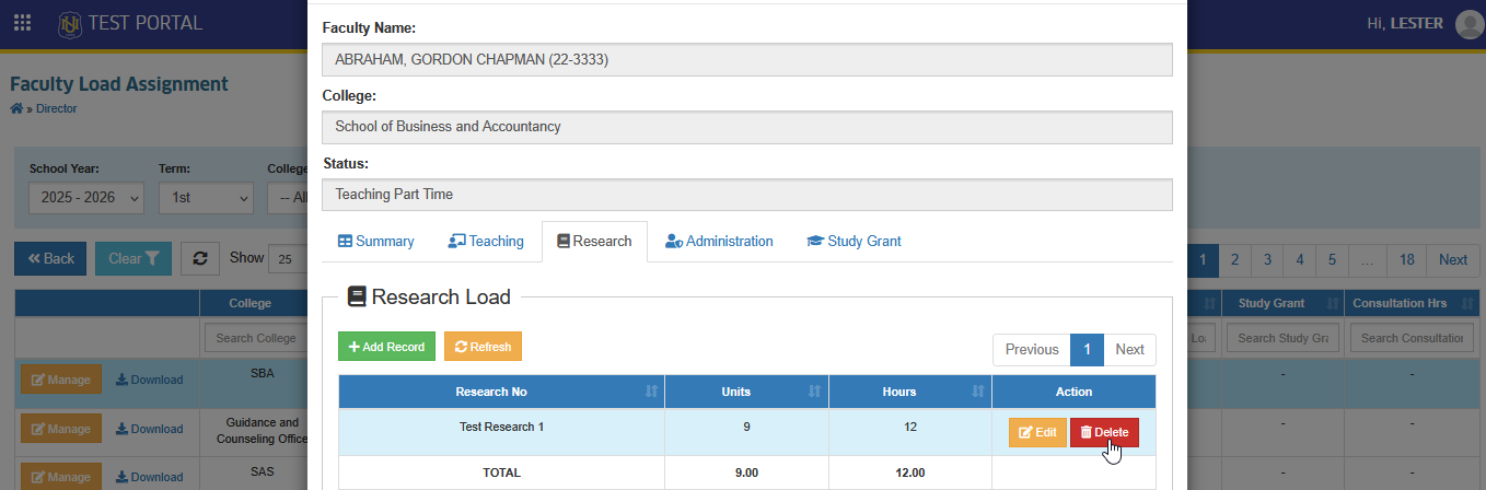 delete research load entry