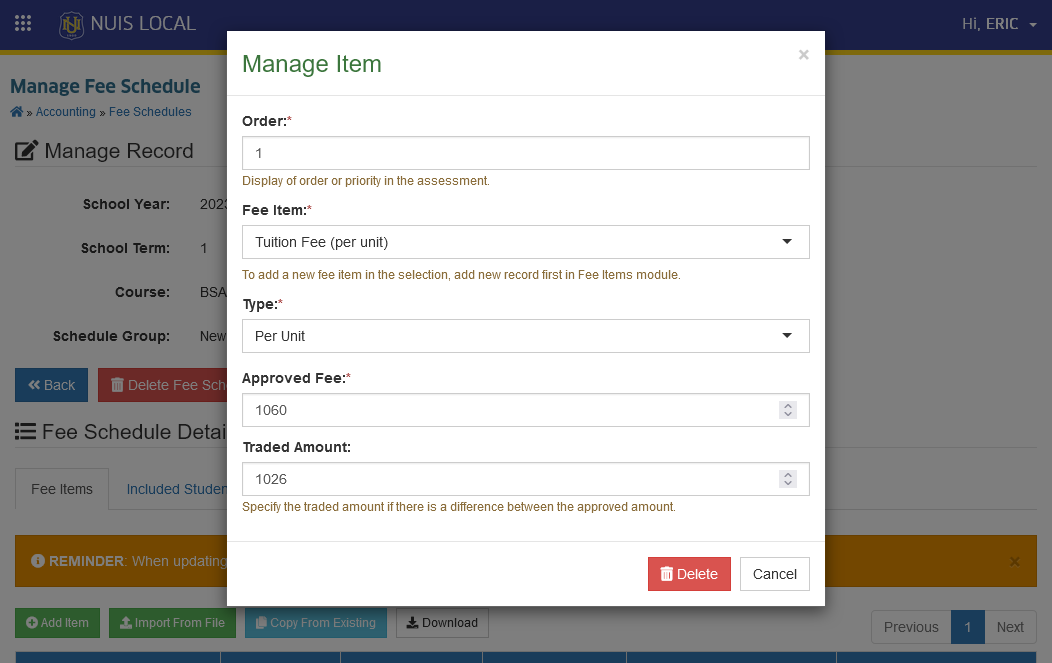 delete Fee Items