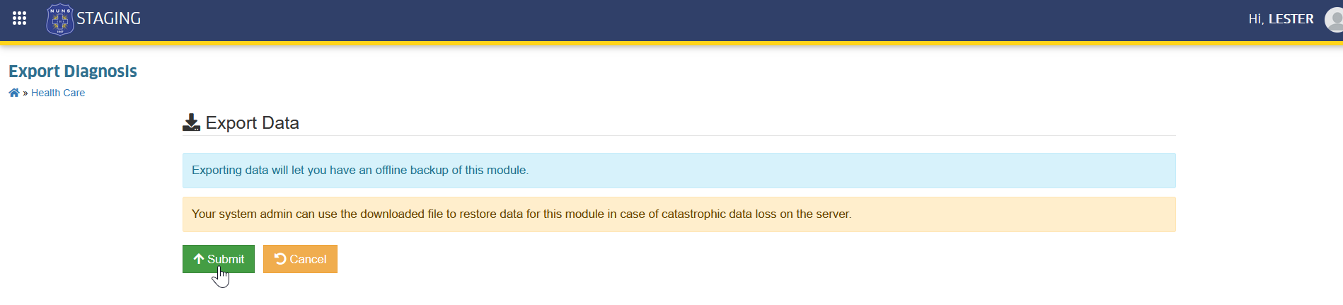 submit export diagnosis button