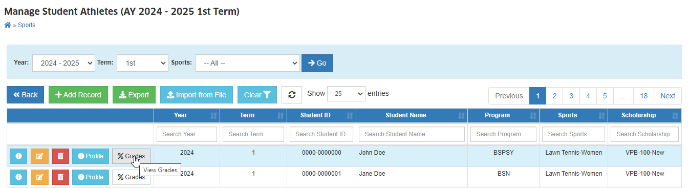 View Athlete Grades