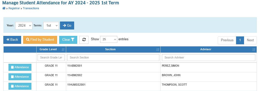 manage student's attendance list view