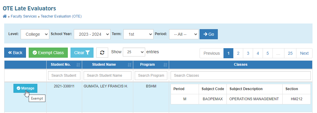 OTE Exempt Student