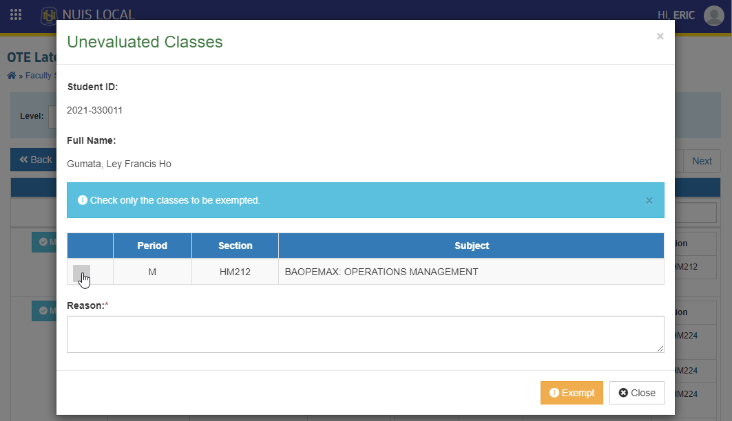 OTE Exempt Student