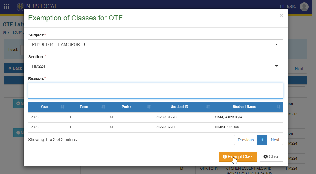 OTE Exempt Class